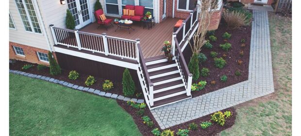 Aerial view of newly painted wooden deck and adjacent garden area