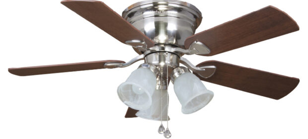 Ceiling fan with three lights on white background