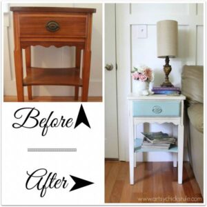 End table before and after painted white and robin’s egg blue