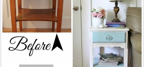 End table before and after painted white and robin’s egg blue