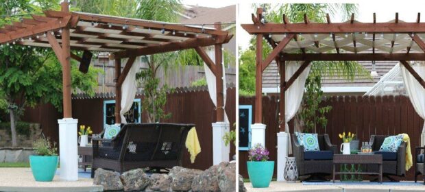 Side-by-side photos of one pergola. Below are three wicker chairs and a table.