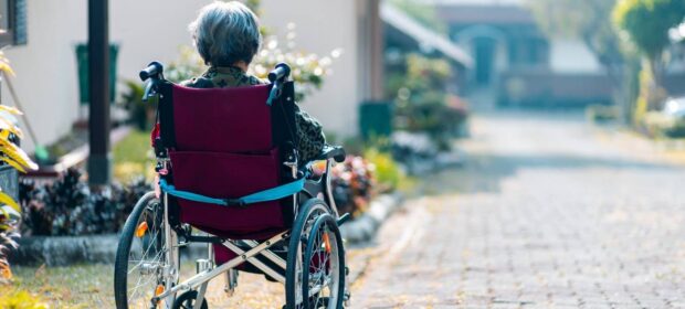 Elderly woman in wheelchair from behind looking down brick path