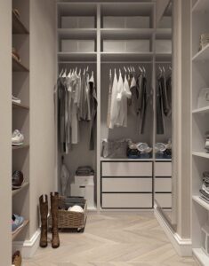 Closet, grey, organized, with clothing