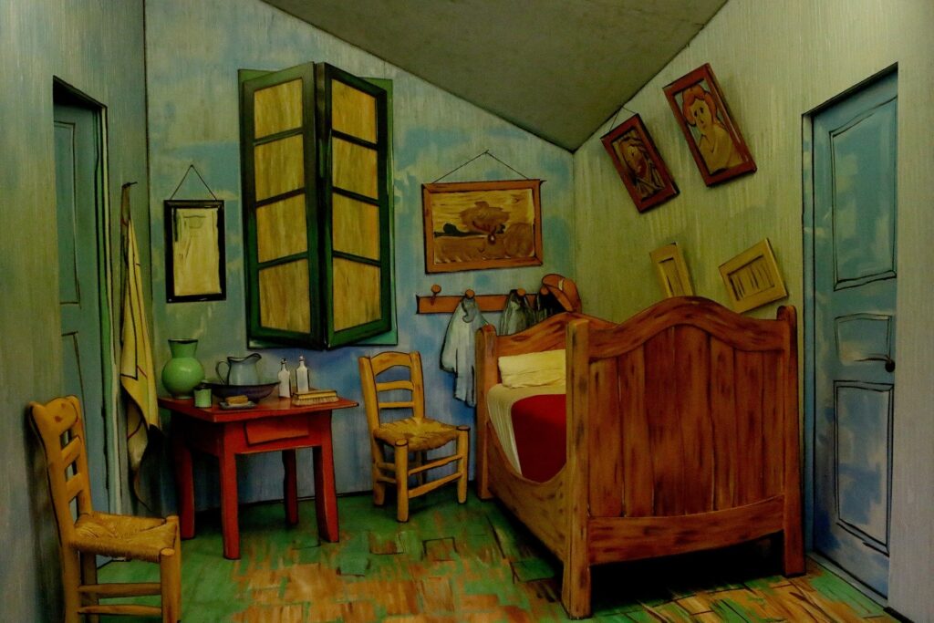 Artist's rendering of a bedroom with an unorthodox perspective and heavy brush strokes