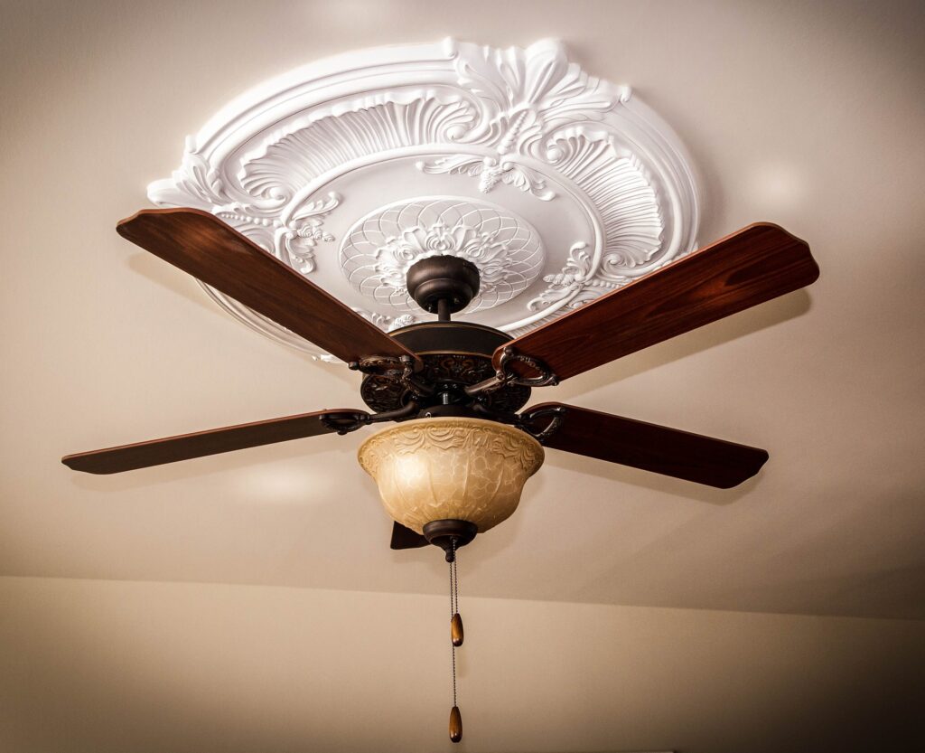 Ceiling fan hanging from ornate moulding