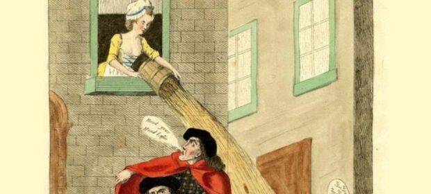 Medieval woman throwing waste out her window.