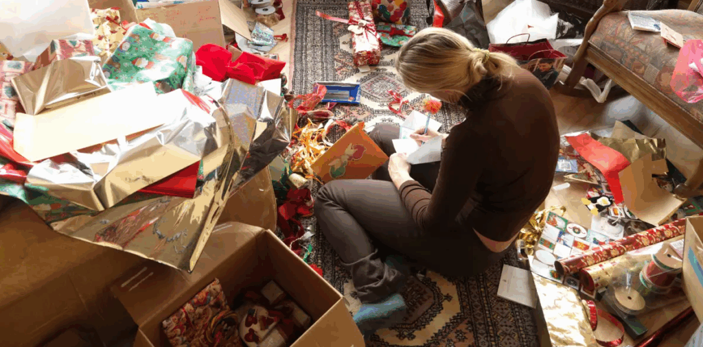 Woman with big holiday mess